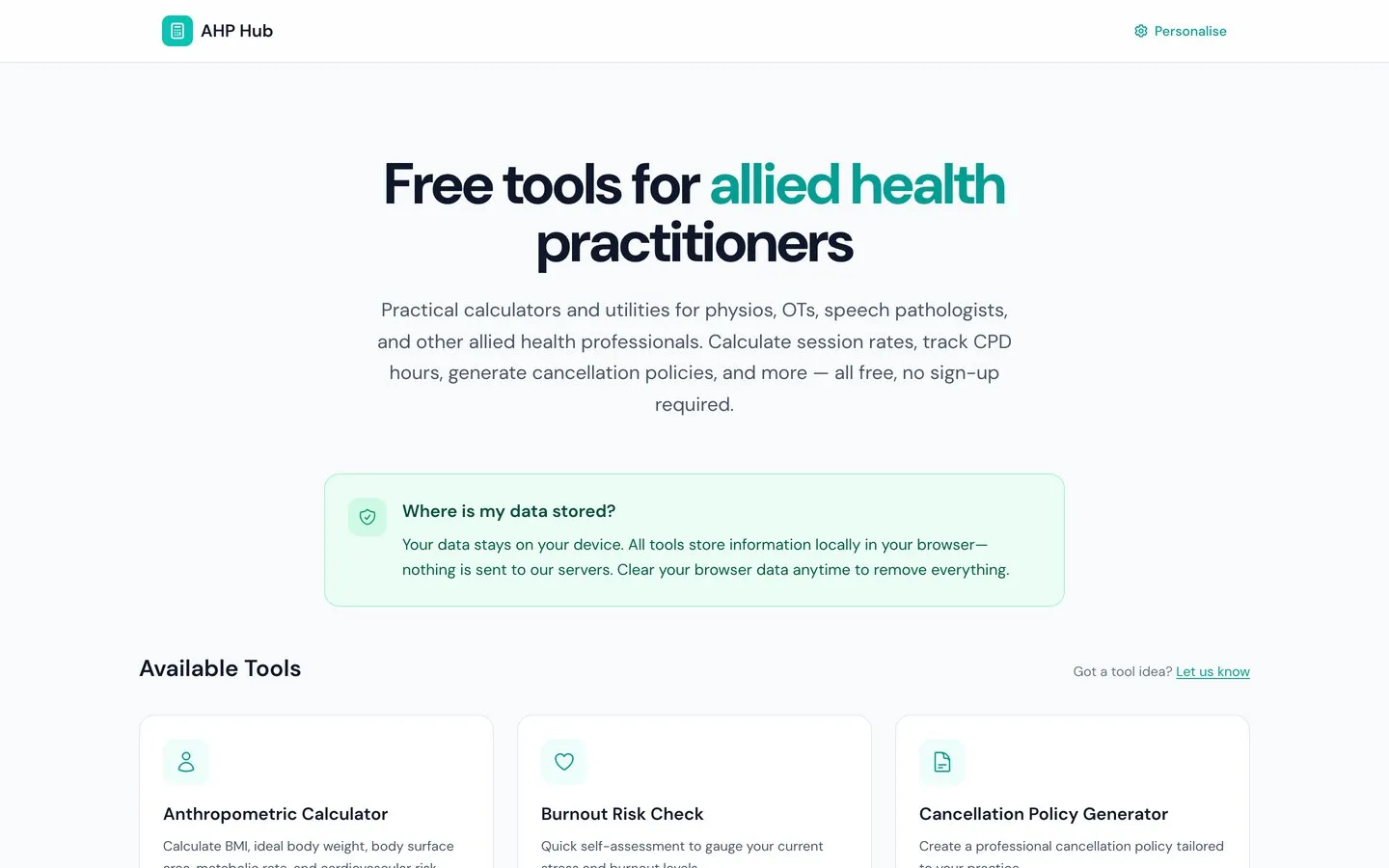 The Allied Health Practitioner Hub homepage at ahphub.au, listing the free tools available to allied health practitioners