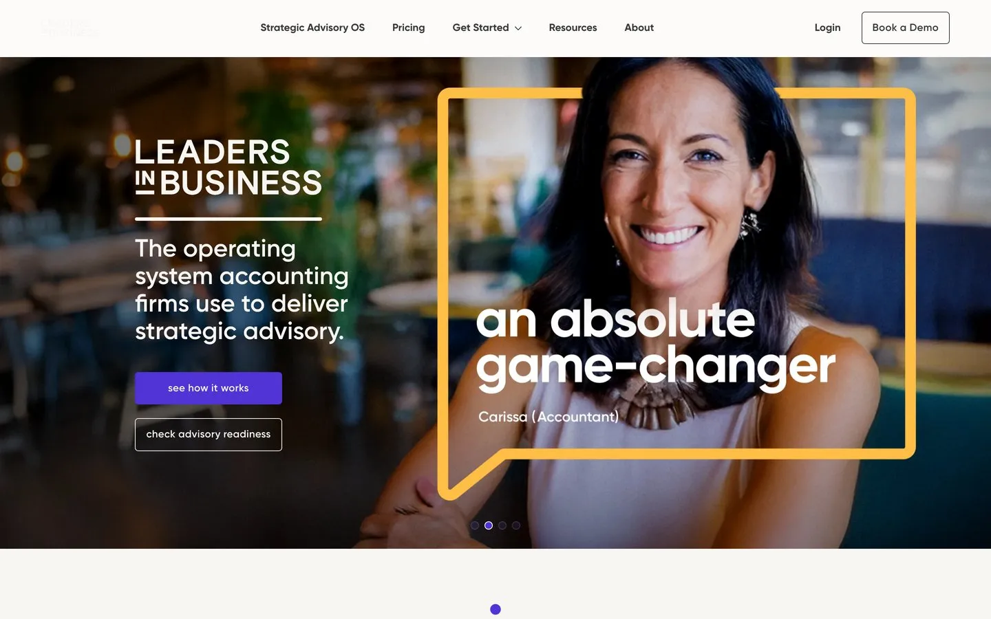 The Leaders in Business homepage, with its rotating quotes from accountants using the program and two calls to action